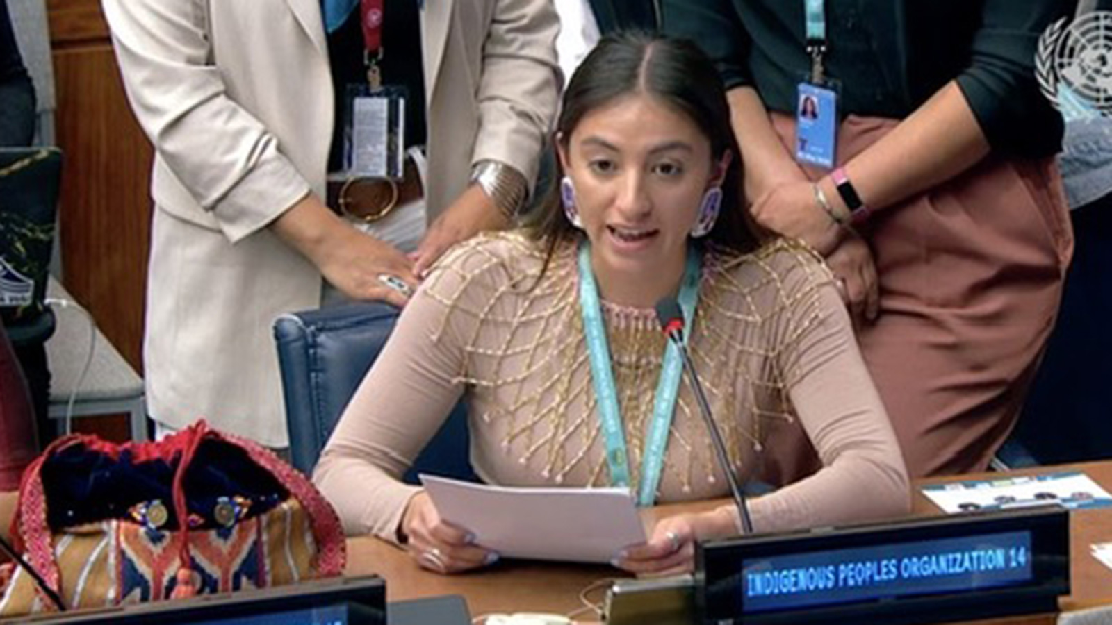 Carrie Johnson (Choctaw), an Indigenous Journalism Fellow alum attended the United Nations Permanent Forum on Indigenous Issues (UNPFII). Credit: Justine Medina (Navajo / Ho-Chunk / Menominee) Carrie Johnson (Choctaw), an Indigenous Journalism Fellow alum attended the United Nations Permanent Forum on Indigenous Issues (UNPFII). Credit: Justine Medina (Navajo / Ho-Chunk / Menominee)