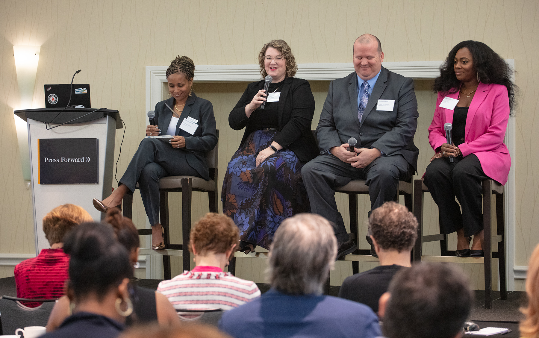 Deirdre Conner, CEO and Publisher of The Tributary, speaks at a Press Forward workshop. Photo by Patrick Farrell.