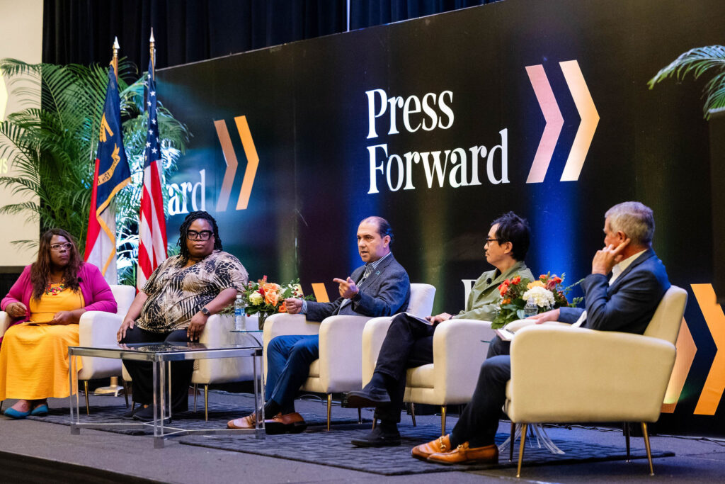 The public media panel included (left to right): moderator Kayce Ataiyero of Joyce Foundation, Ju-Don Marshall of WFAE, Luis Paniño of Austin PBS/Texas PBS, Chi-hui Yang of Ford Foundation and Michael Murray of Arthur Vining Davis Foundations. (Photo by Press Forward)