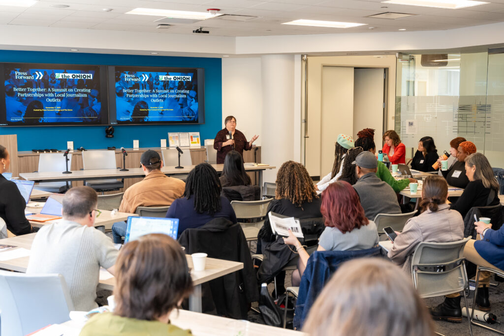 Tracy Baim speaks at a Press Forward Chicago convening of journalists and creators/influencers. Photo by Jamel Williams
