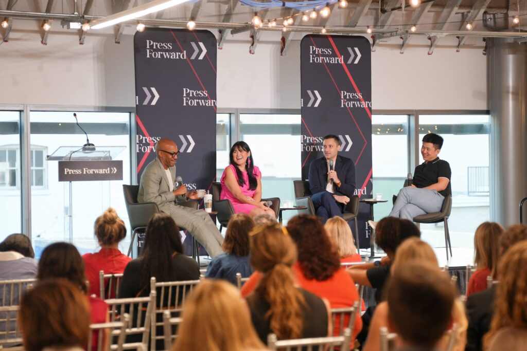 The “Journalism as a Fandom” panel included (left to right): podcast and radio host Sam Sanders, Ashley Alvarado of Texas Public Radio, Ben Collins of The Onion and Jasper Wang of Defector Media (Photo courtesy of Press Forward)